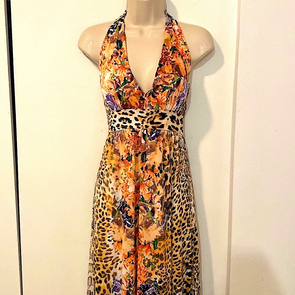 Silky multi color animal print adjustable halter maxi dress smocked stretch back